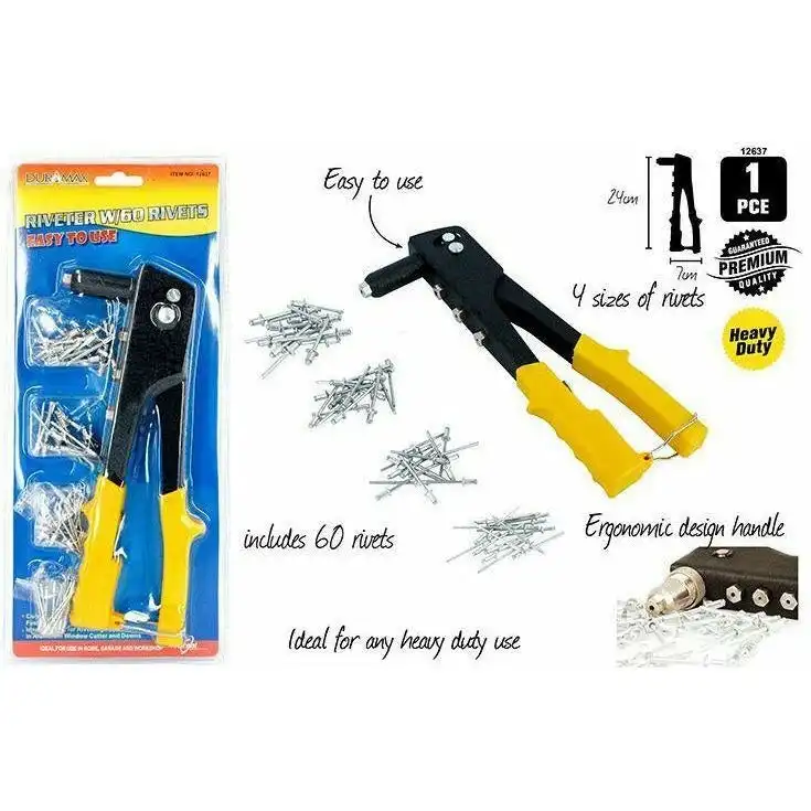 Rivet Gun with Sixty Rivets - 24x7cm Riveter 60 Piece