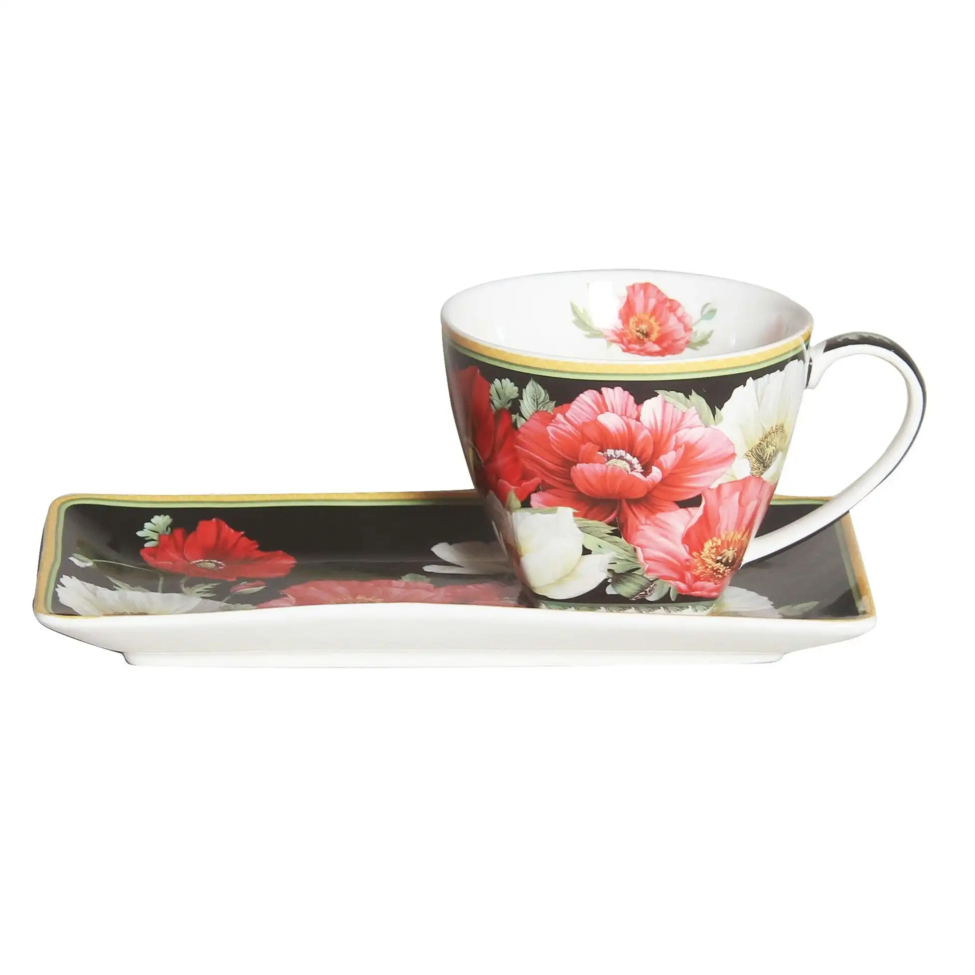 New Poppies on Black Fine Bone China - Cup & Saucer Breakfast Set