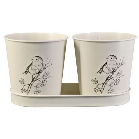 Metal Plant Pots and Tray Bird Print Set