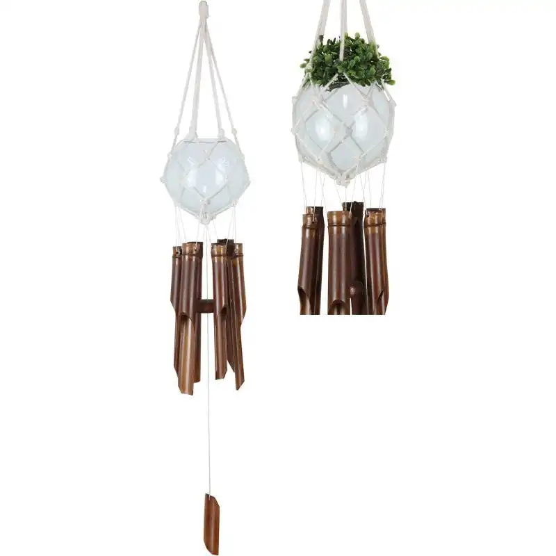 Macramé Holder with Glass Planter Bowl & Bamboo Wind Chimes