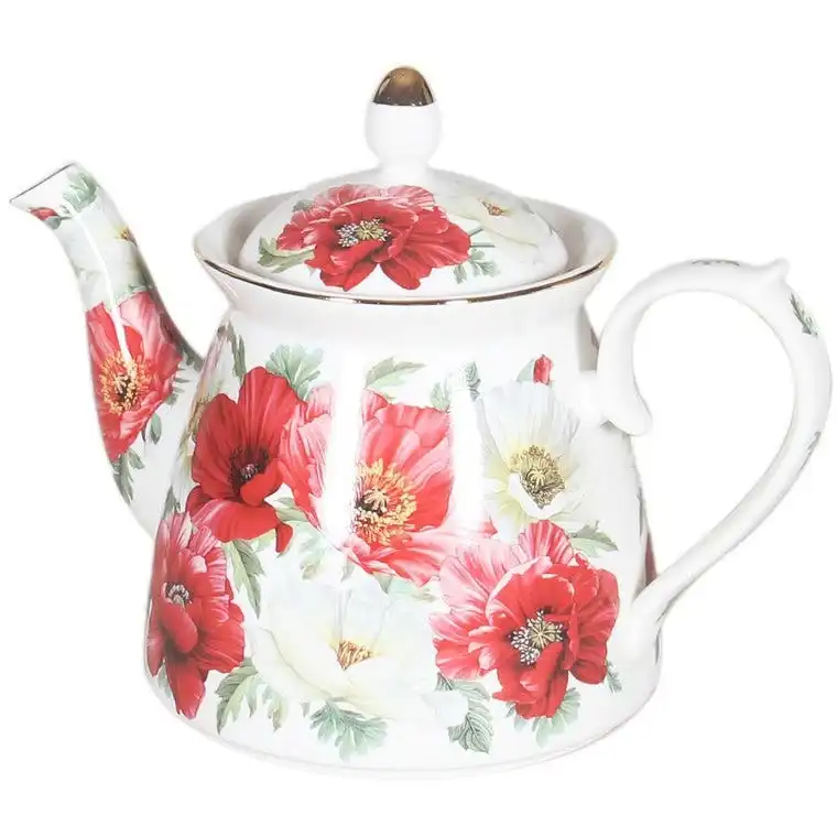 New Poppies on White Fine Bone China - Teapot