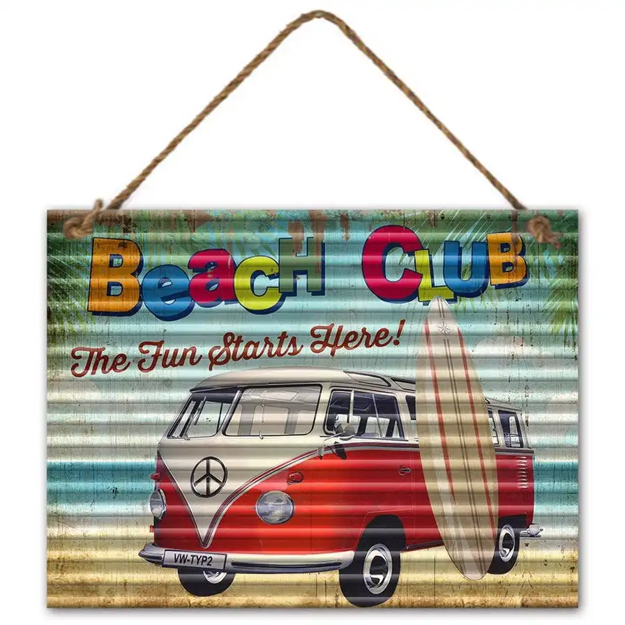 Corrugated Metal Kombi Van Beach Club Wall Hanging Plaque