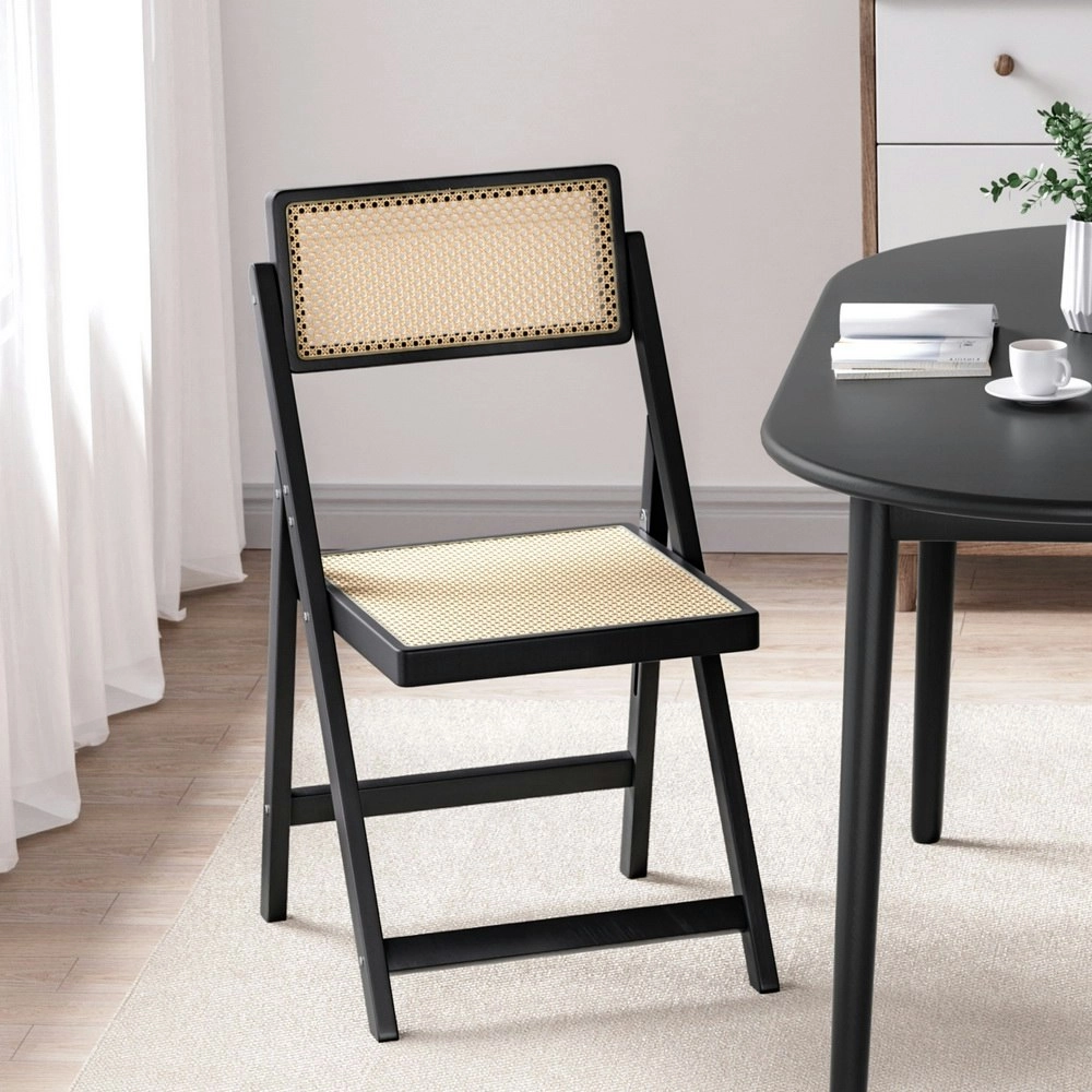 Artiss Dining Chair Wooden Rattan Foldable Black