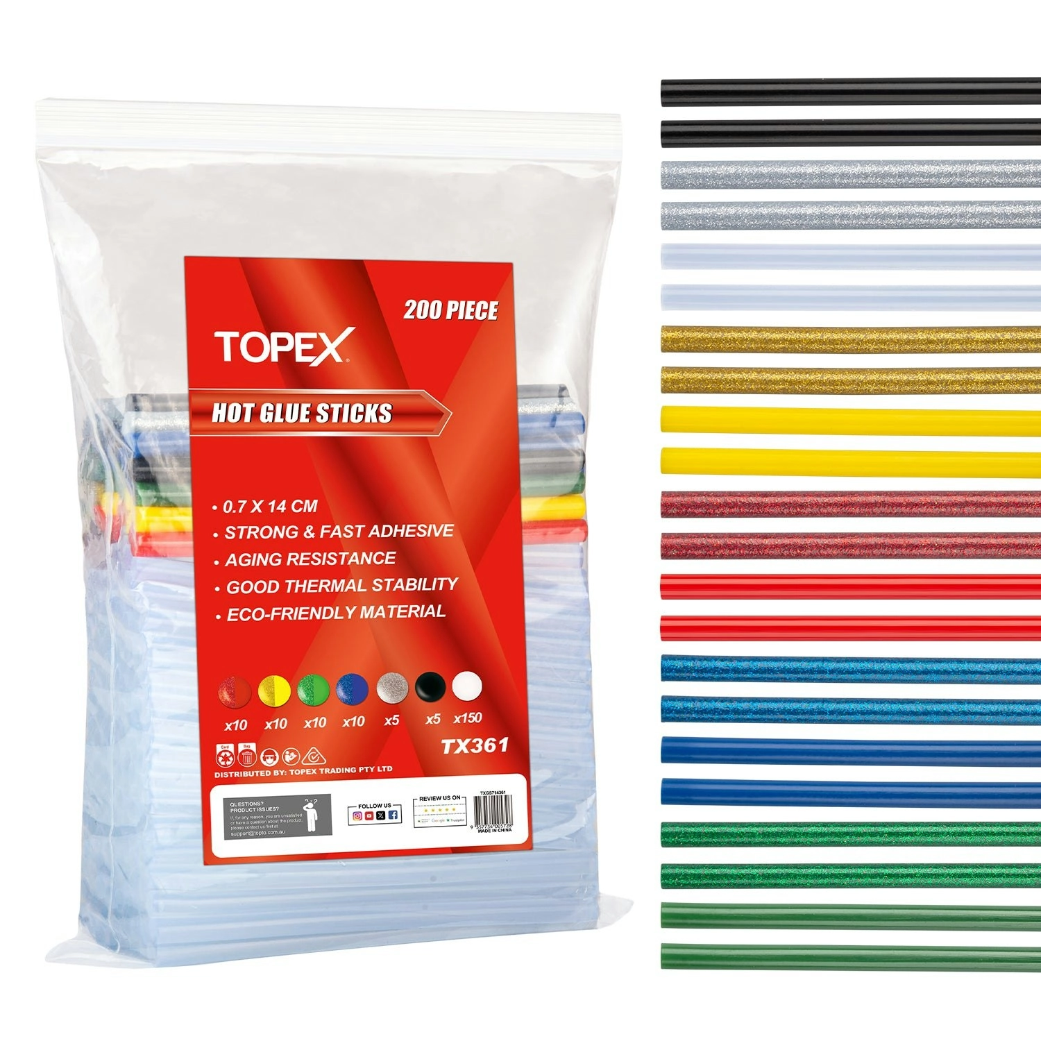 Topex 200pce Glue Stick Hot Melt Glue Stick Adhesive Craft Stick Glue Gun 7 X 140MM Various Color