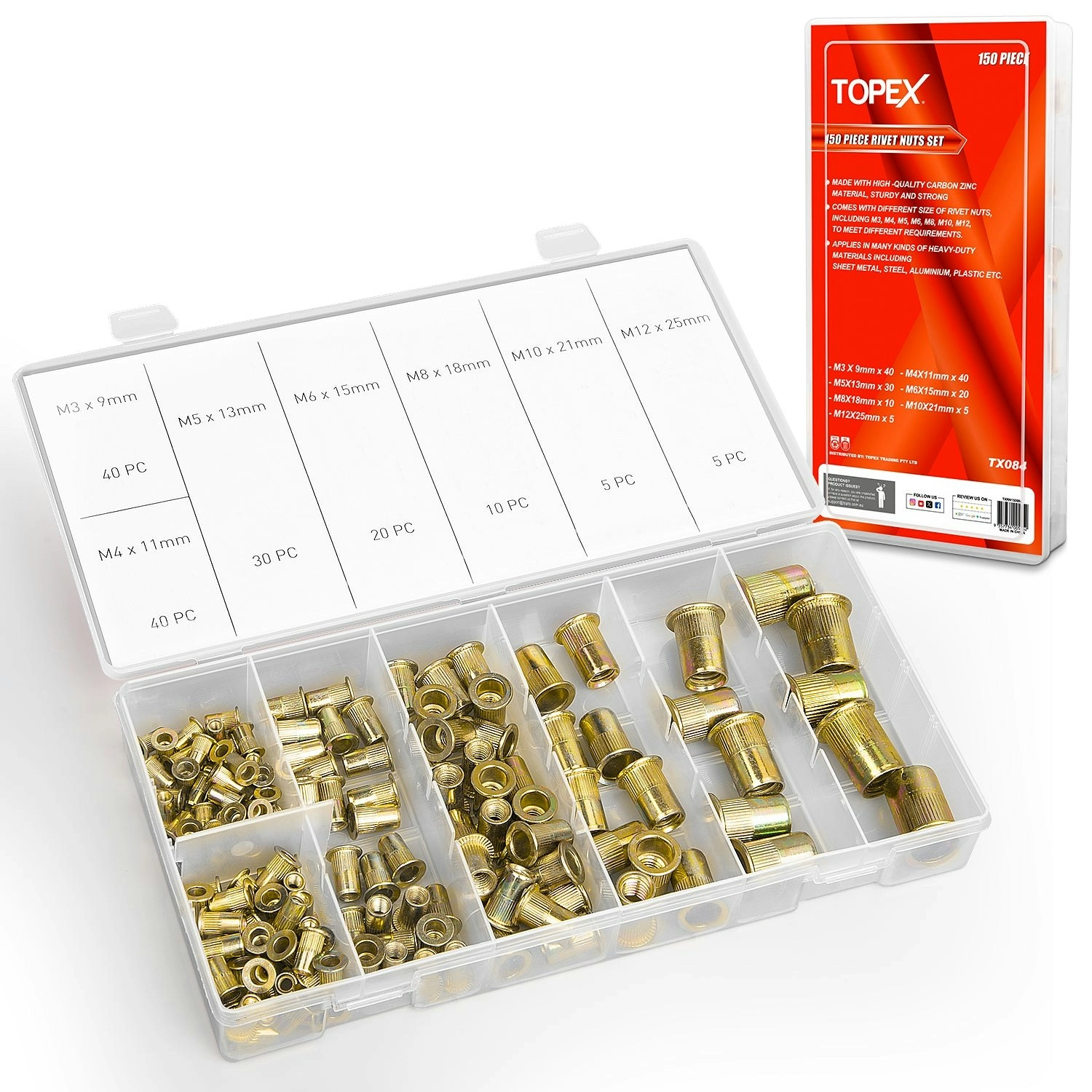 Topex 150 PCS Rivet Nut Bolt Steel Rivets Tool Flange Blind Nutserts Flat Zinc M3-M12