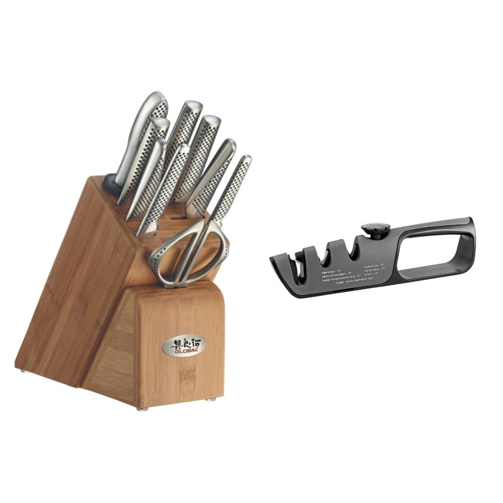 Global Takashi 10 Piece Stainless Steel Japanese Knife Block Set 79589 with Bonus Acuminate Adjustable Knife Sharpener