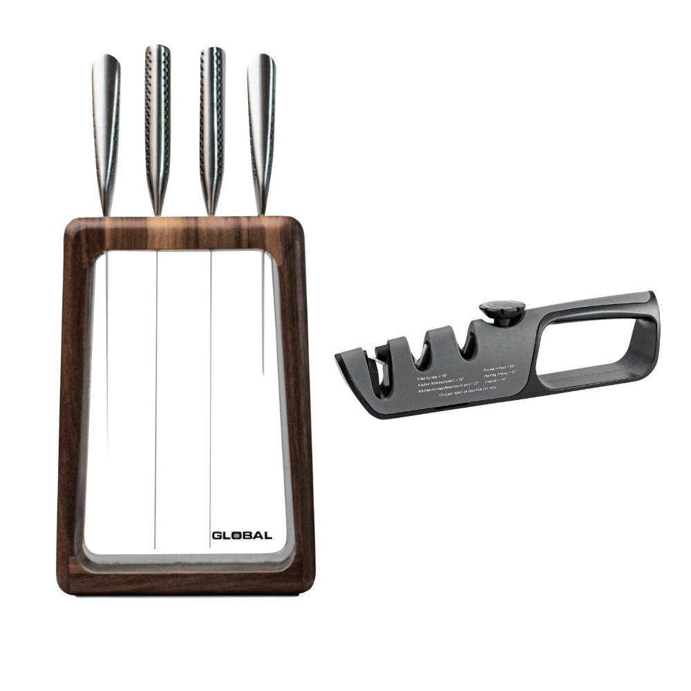 Global Hashira 5 Piece Knife Block Set - Walnut with Bonus Acuminate Adjustable Knife Sharpener