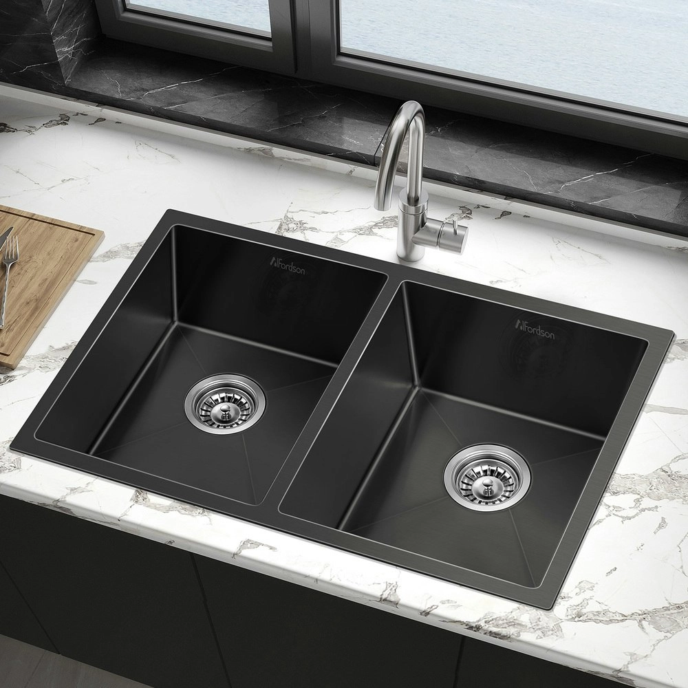 Alfordson Kitchen Sink Stainless Steel Drop in Flush Under Mount 770X450MM Black