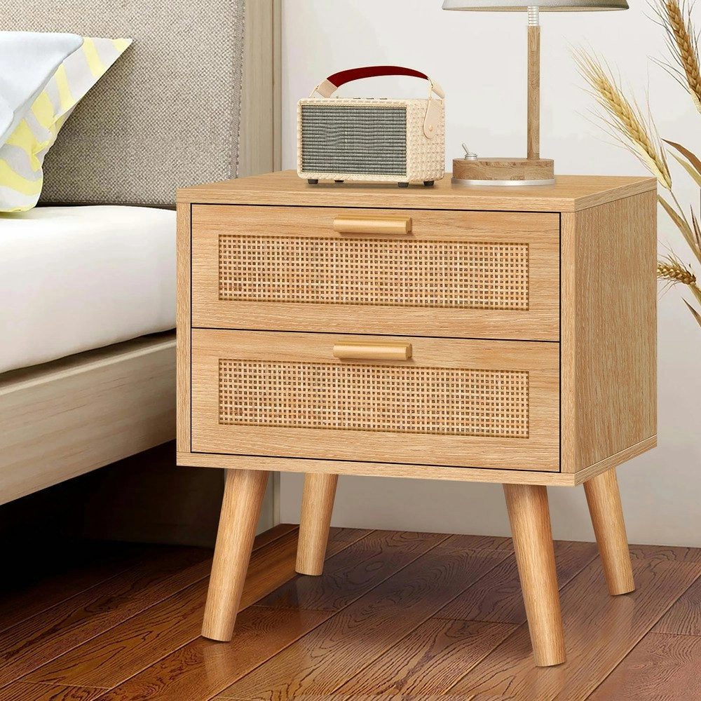 Alfordson Bedside Table Nightstand Side Cabinet Rattan Wood