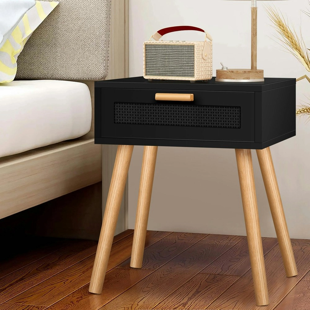 Alfordson Bedside Table Nightstand Side Storage Rattan Black