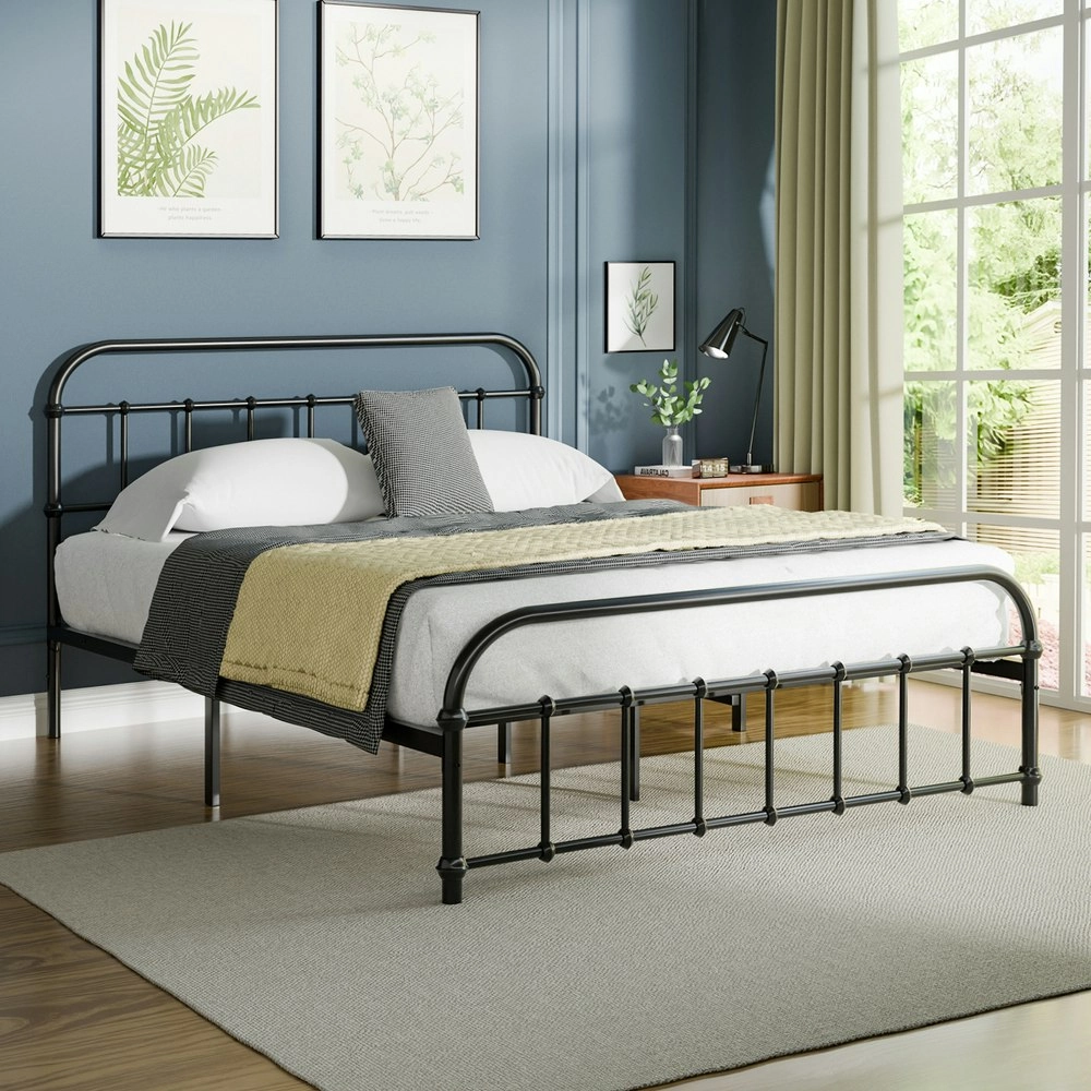 Alfordson Metal Bed Frame Queen Size Mattress Base Industrial Platform Black