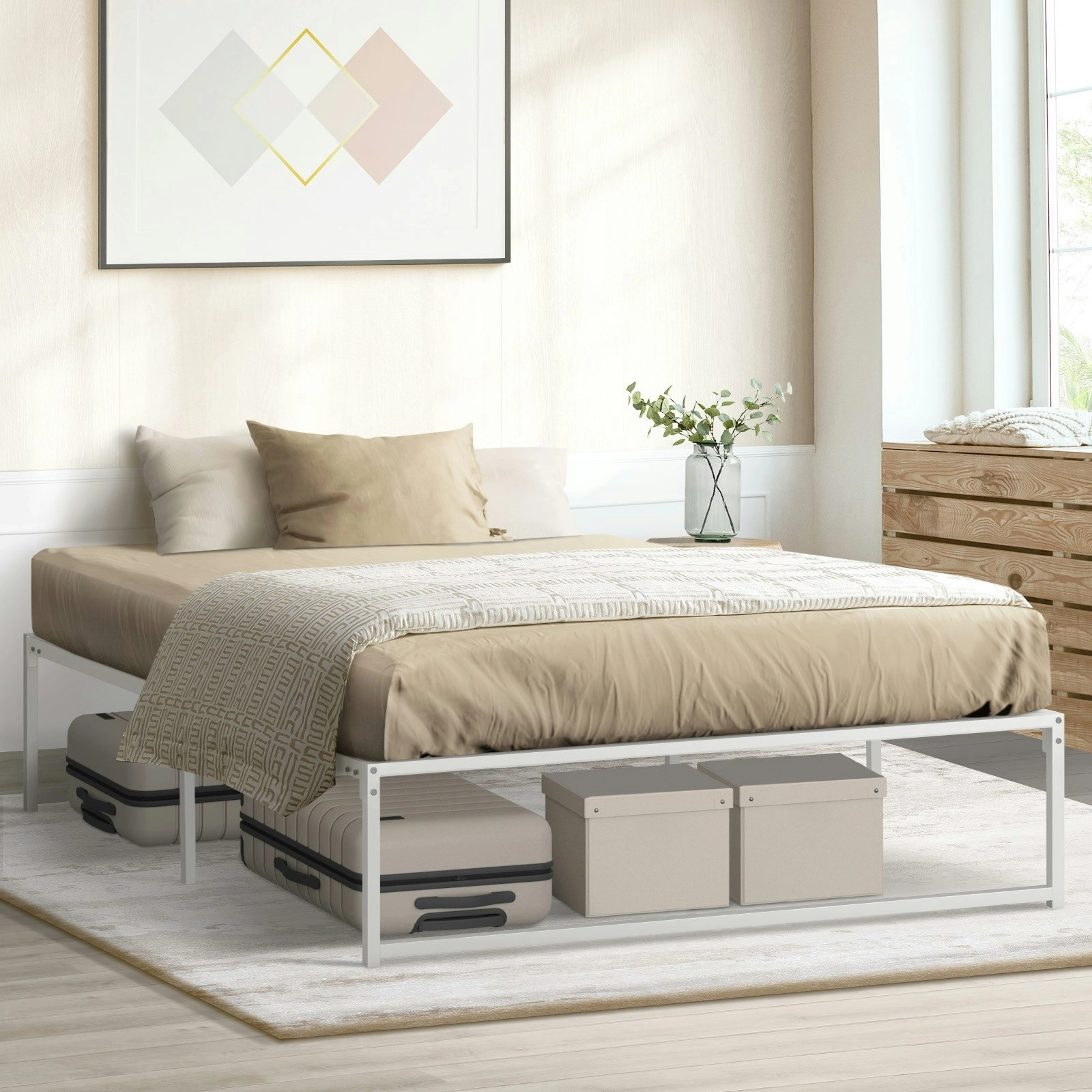 Oikiture Metal Bed Frame Double Size Beds Base Platform White