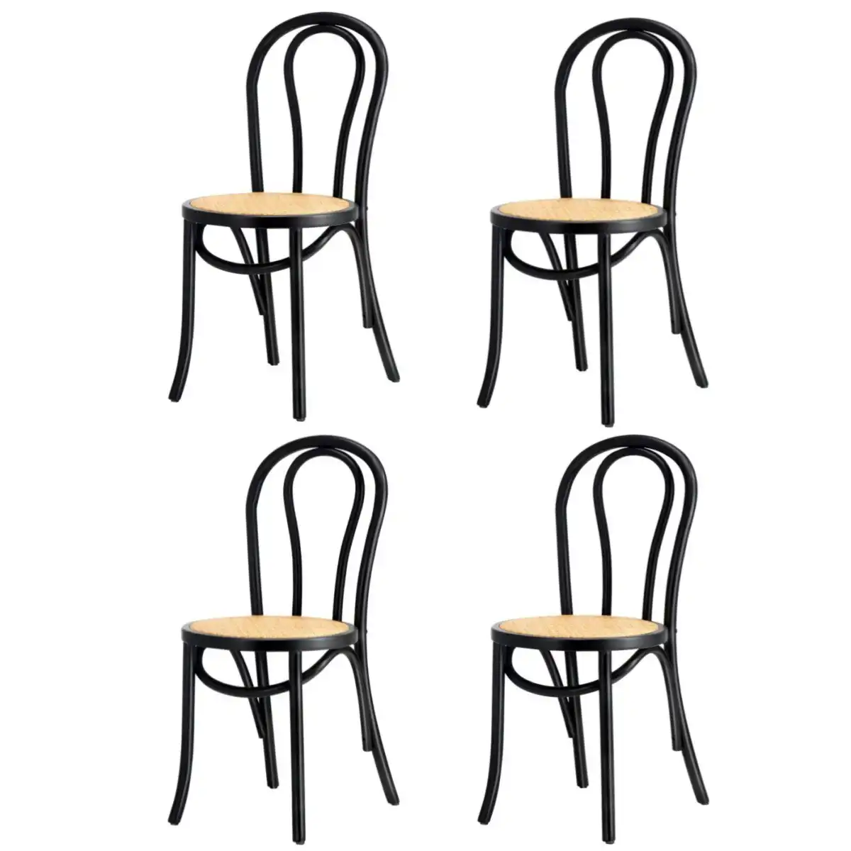 Oikiture 4PCS Dining Chair Solid Wooden Chairs Ratan Seat Black