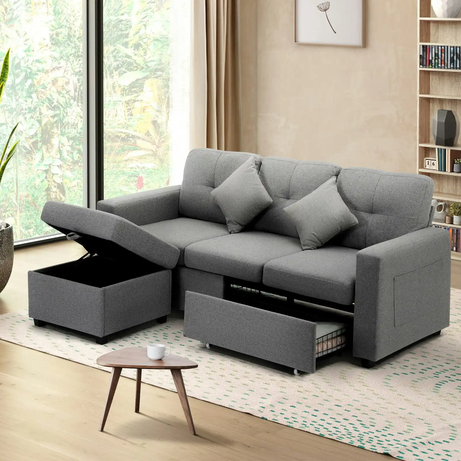 Oikiture Sofa Bed Chaise Couch Drawers Ottoman Fabric Grey