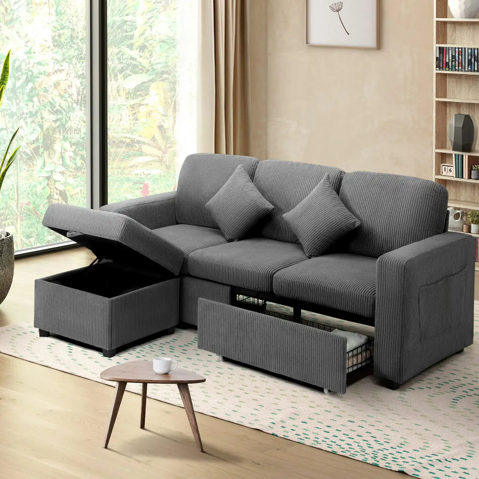 Oikiture Sofa Bed Chaise Lounge Drawers Ottoman Velvet Grey