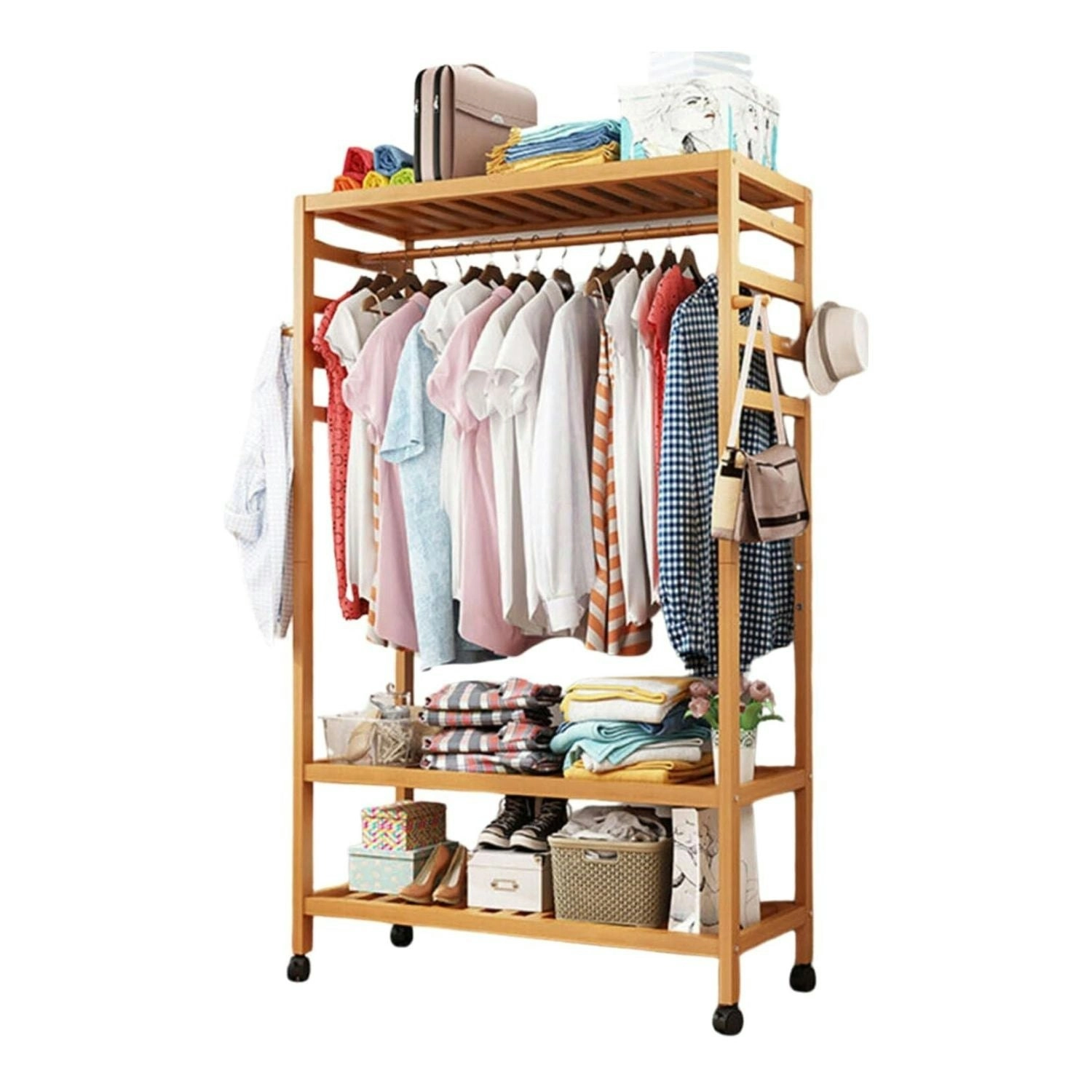 Gominimo 100cm Portable Wooden Bamboo Open Wardrobe Garments Clothes Rack - Natural