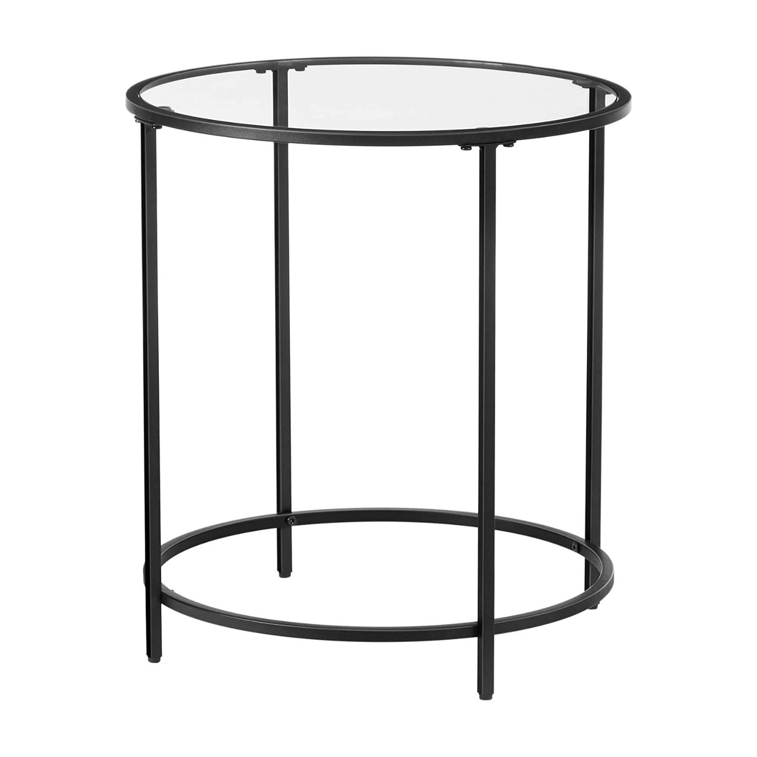 VASAGLE Round Side Table Glass with Metal Frame for Living Room Bedroom Black