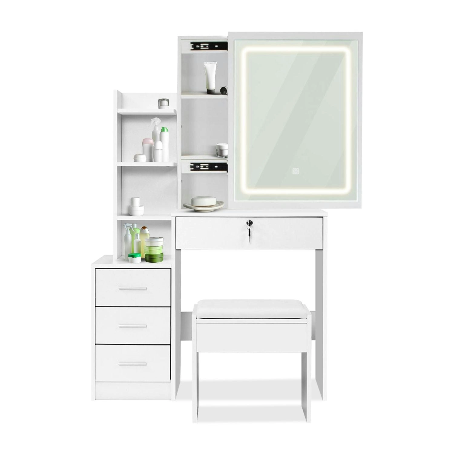 Ekkio Bedroom Dressing Table Set with LED Vanity Mirror and Stool - White