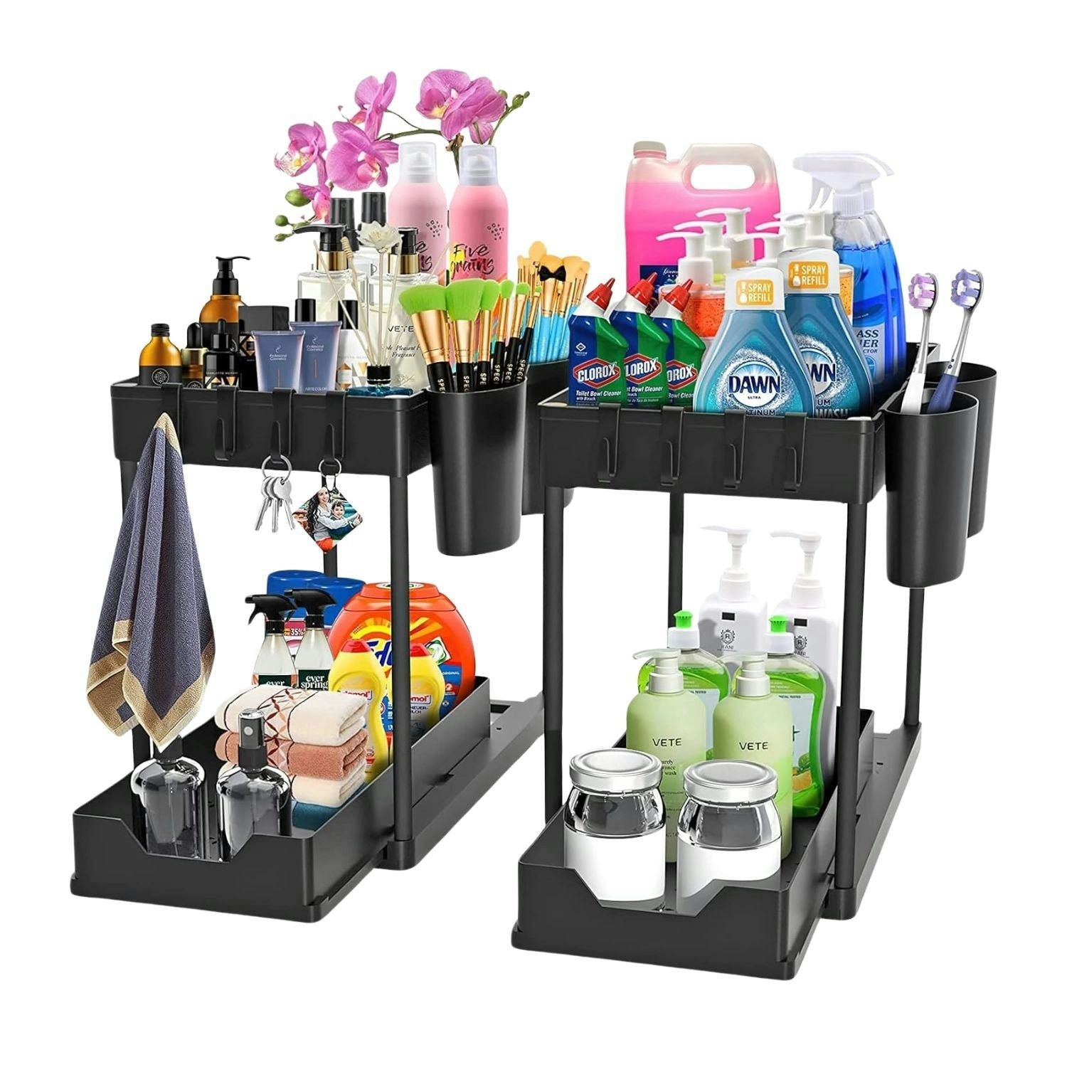 2x Gominimo Kitchen Storage 8 Hanging Hooks 2 Cup Holders 2-Tier Under Sink Organizer Shelf - Black