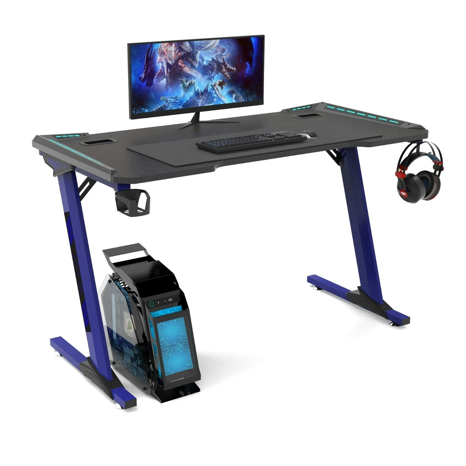 Ekkio Ergonomic Carbon Fibre Textured RGB Gaming Desk Z Shape Blue 140cm