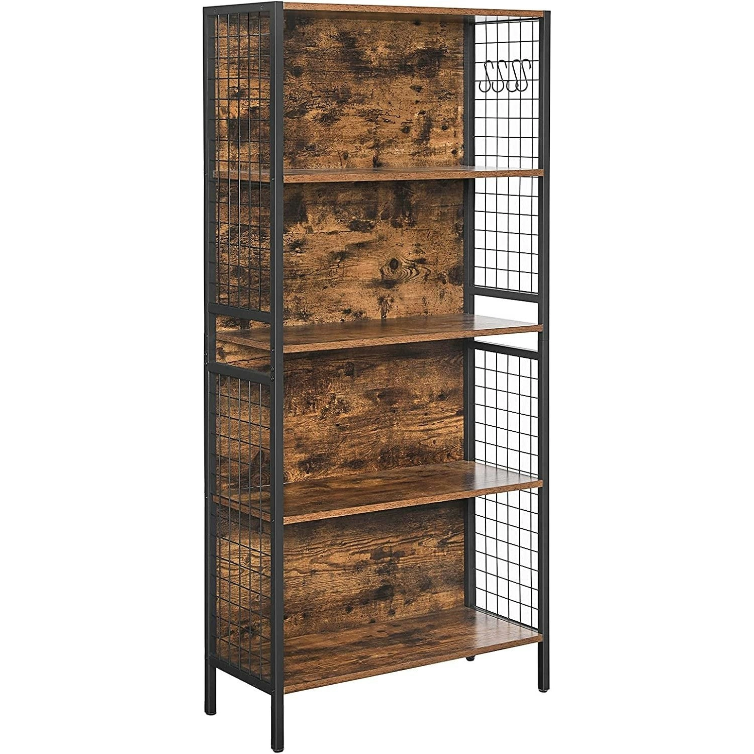 VASAGLE Max Load 20KG 4 Shelves 4 Hooks Bookshelves Metal Steel Frame Bookcase - Rustic Brown