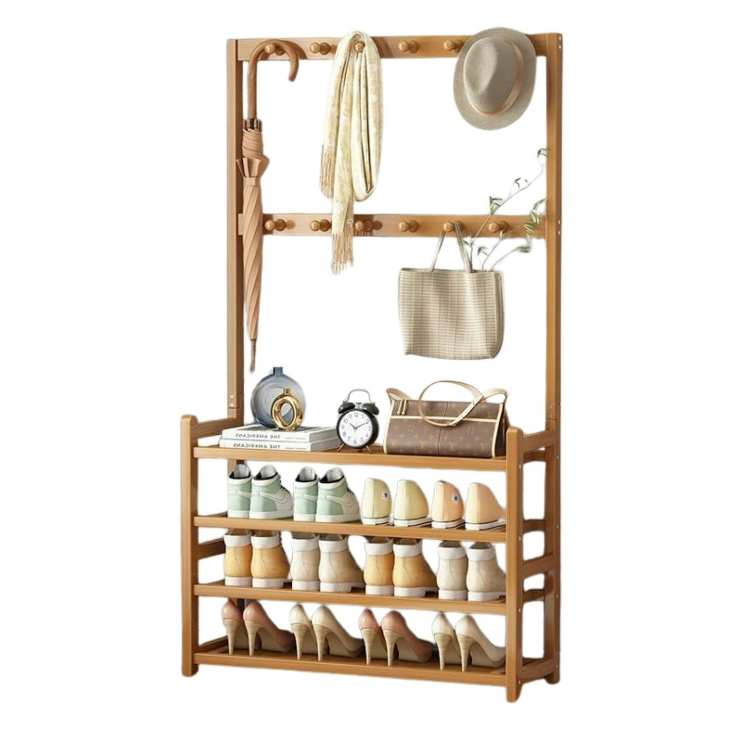 Gominimo Entryway Hall Bamboo Organiser Garment Clothes Rack with Shoe Storage - Natural