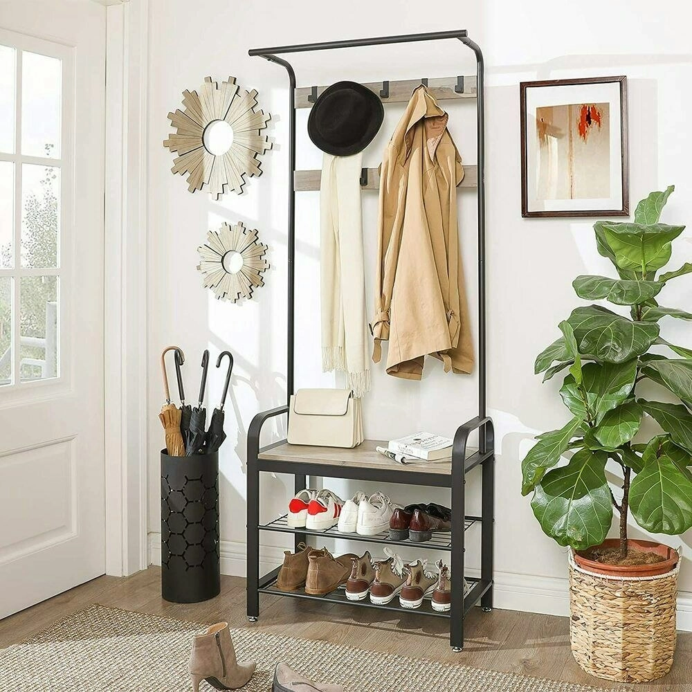 VASAGLE 3-In-1 Entryway Hall Tree with Shoe Bench, Coat Rack with 9 Hooks, Greige