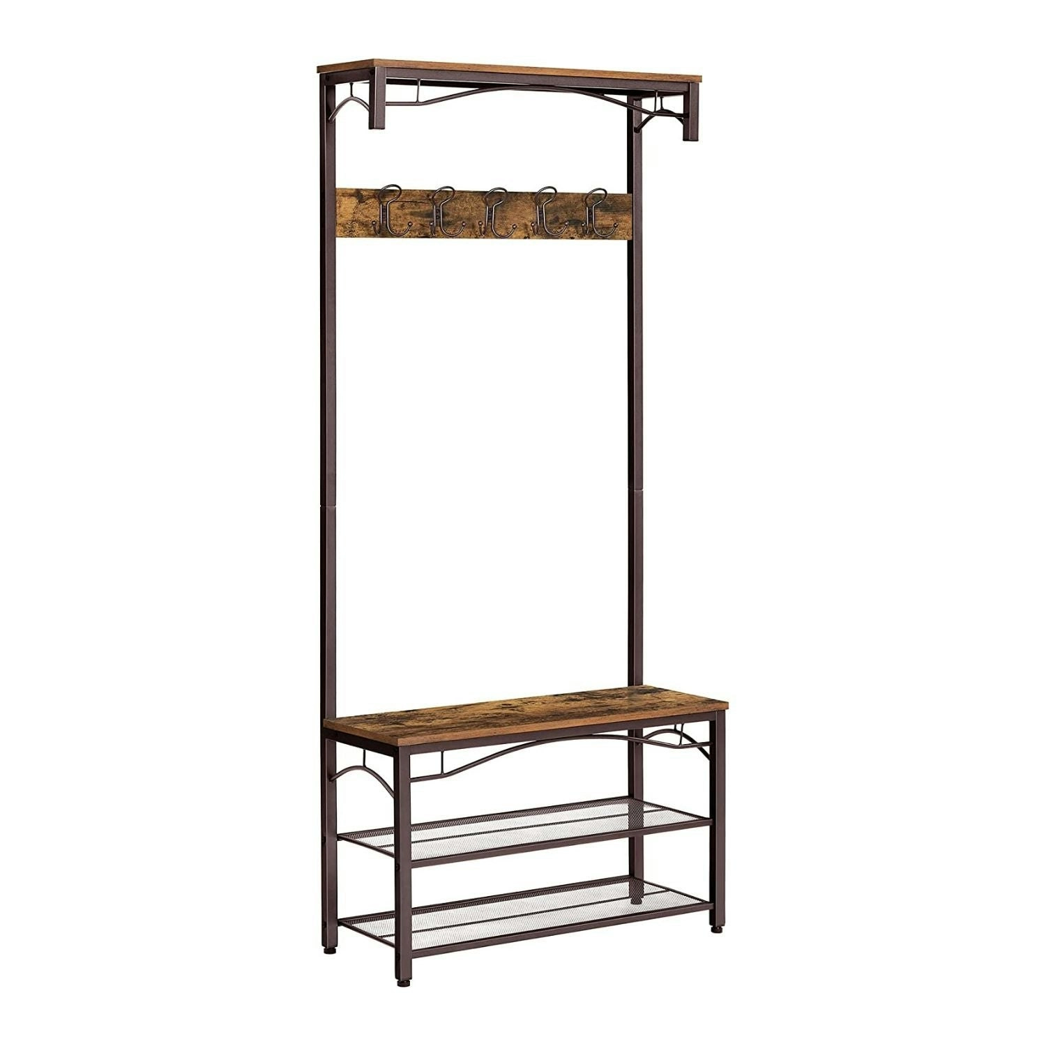 VASAGLE Industrial Coat Rack Entryway Shoe Bench Metal Frame  Rustic Brown