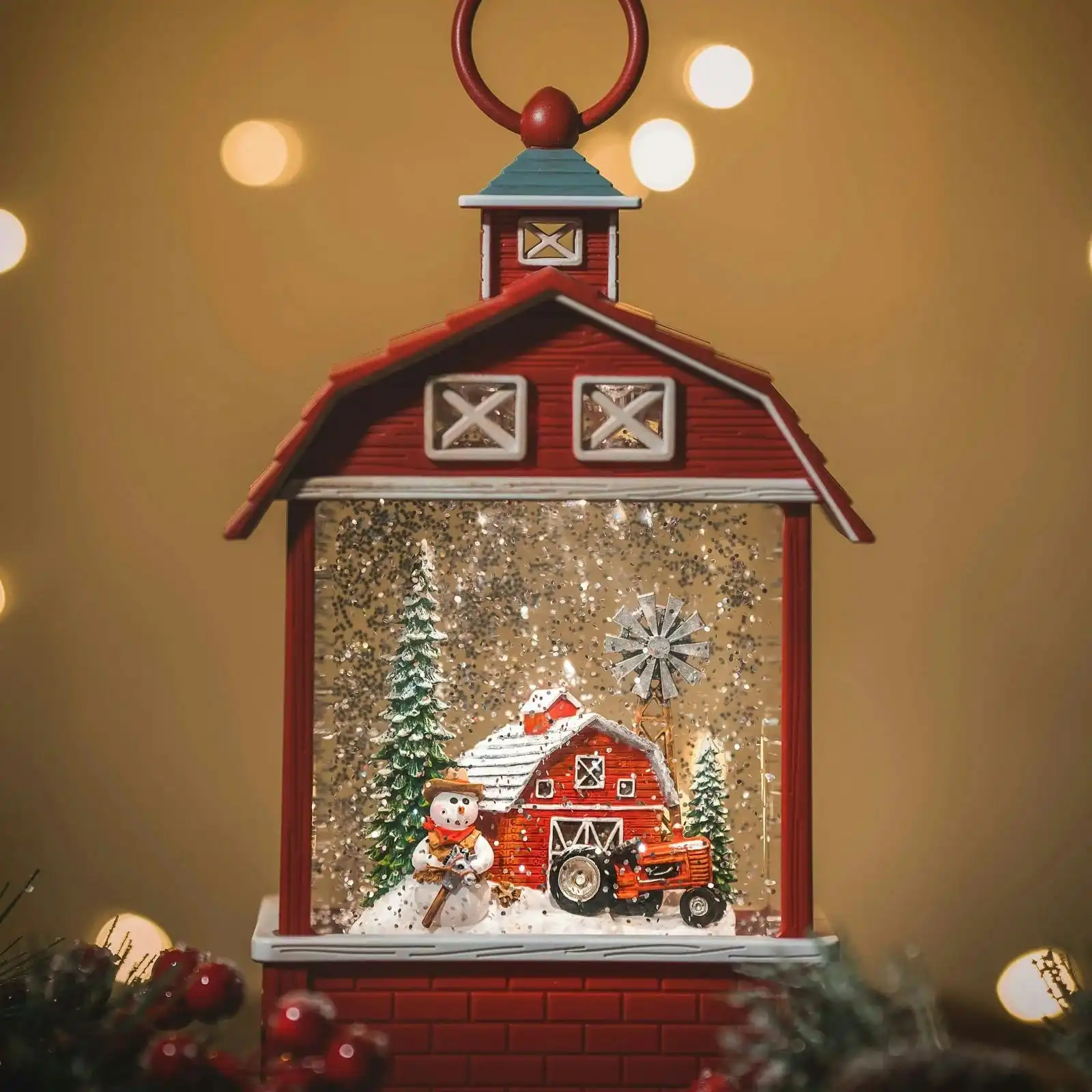 Xmas & Co. Snowing Barn With Snowman Music Playing Lantern Christmas Decorations