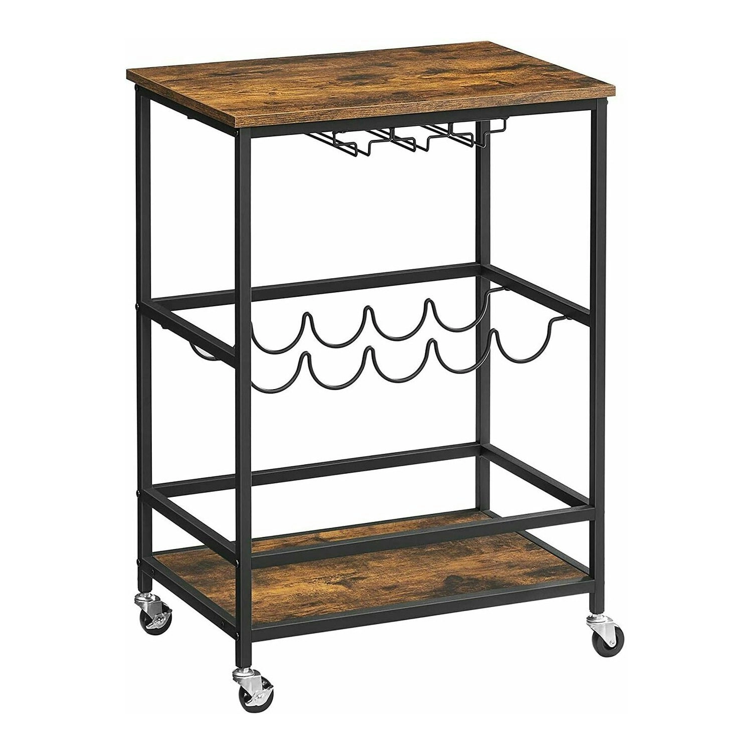 VASAGLE Wine Serving Cart with Wheels and Bottle Holders Bar Cart - Rustic Brown