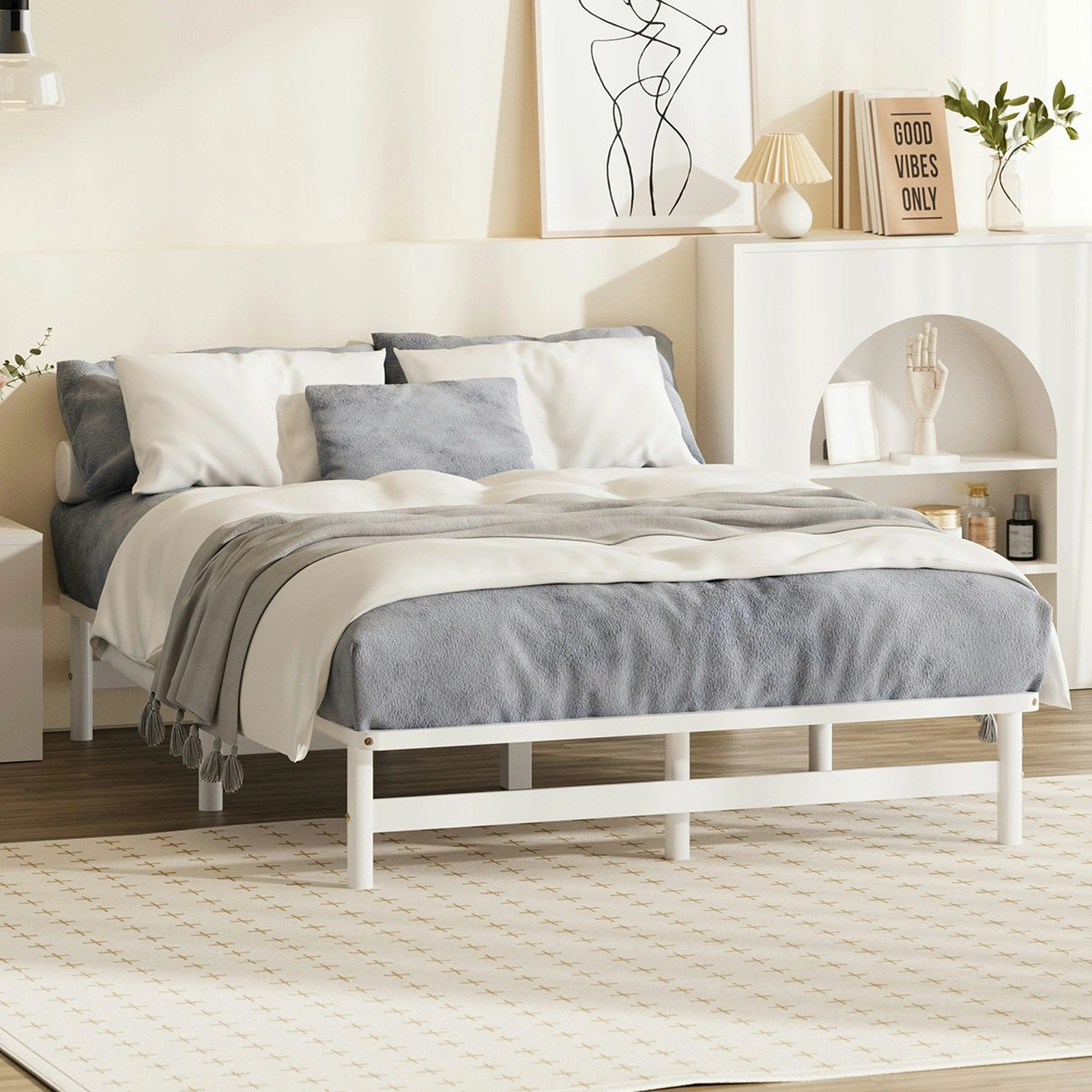 Oikiture Wooden Bed Frame Pine Timber White（Queen)