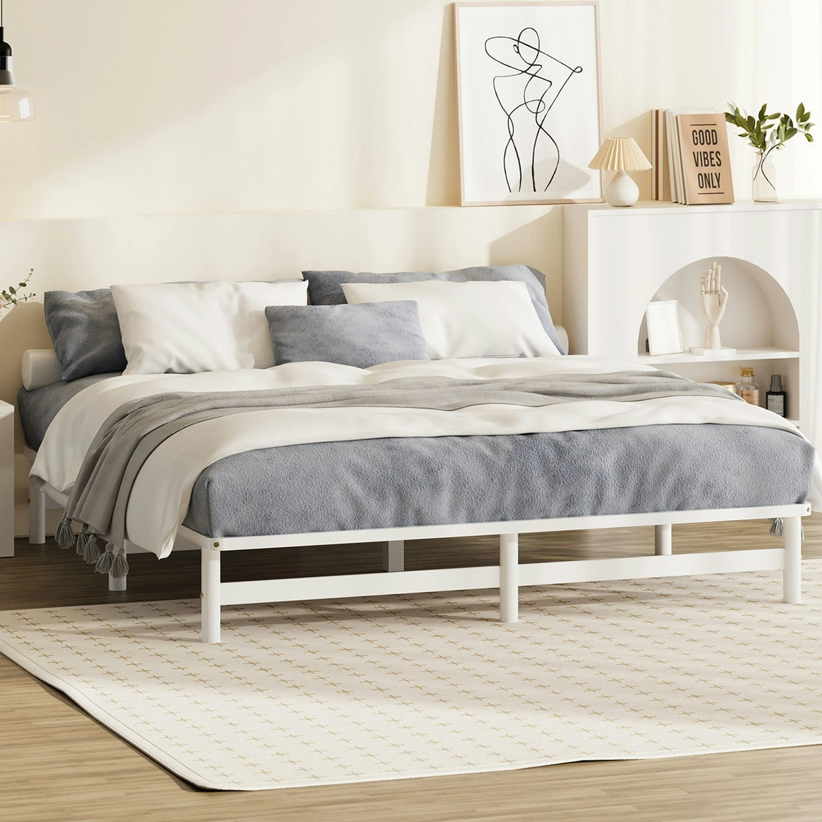 Oikiture Wooden Bed Frame Pine Timber White（King)