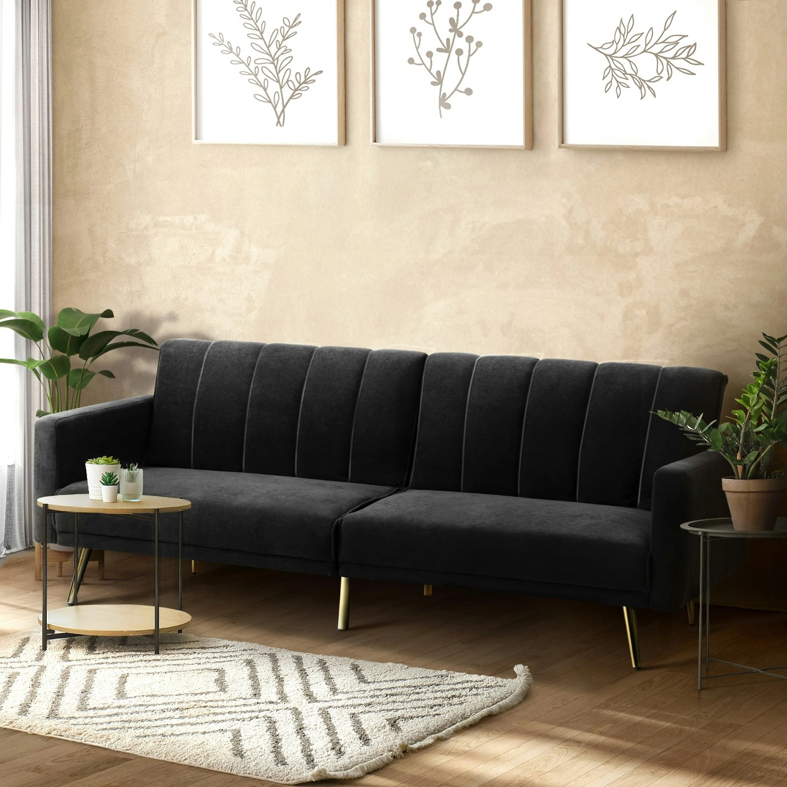 Oikiture Sofa Bed Lounge Couch Velvet Black