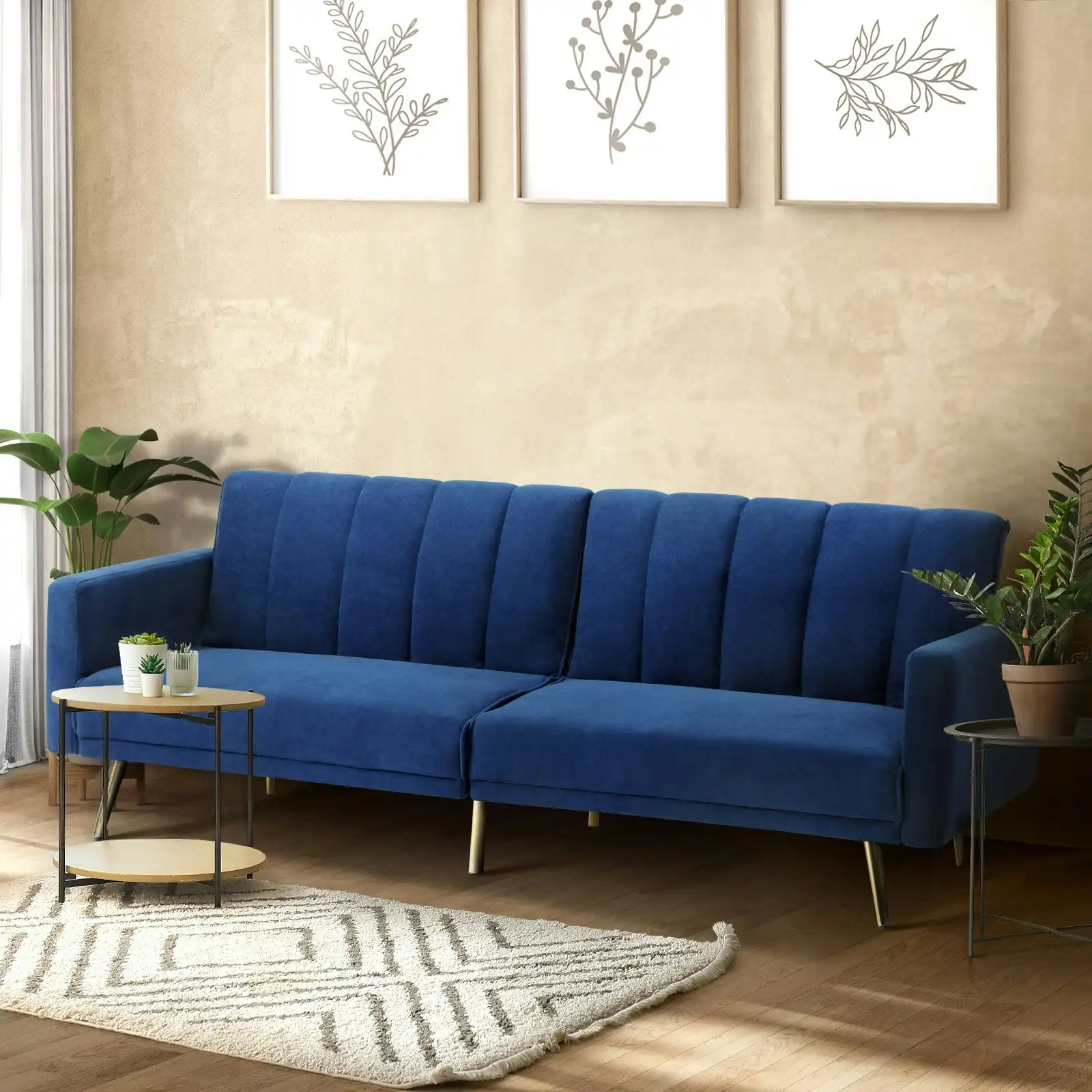 Oikiture 3 Seater Sofa Bed Lounge Velvet Blue