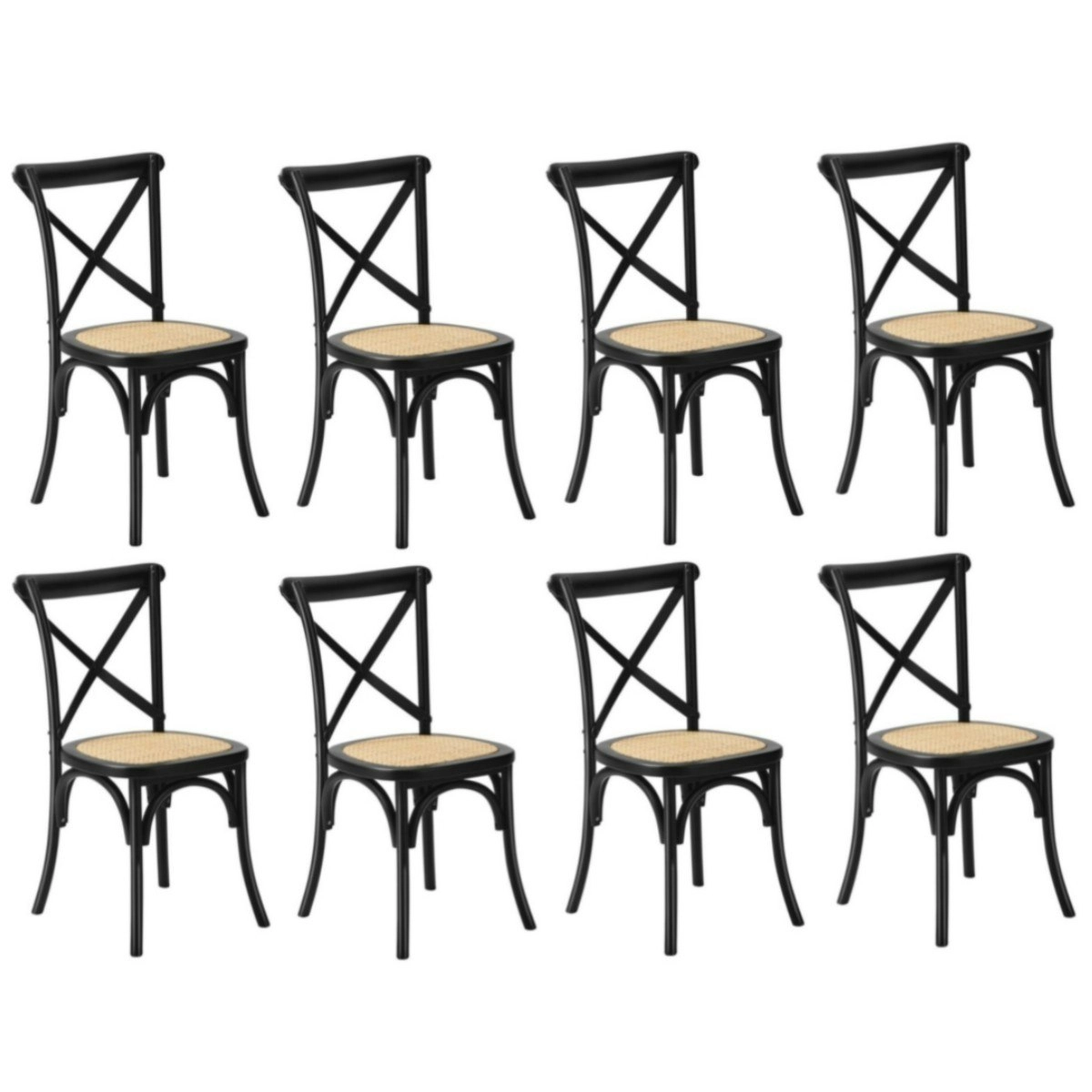 Oikiture 8PCS Crossback Dining Chair Solid Birch Timber Wood Ratan Seat Black