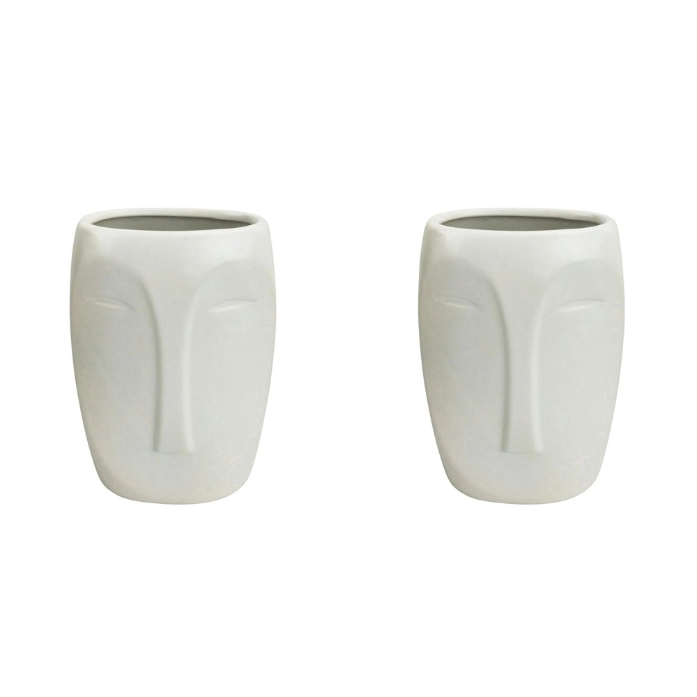 2x Urban Aztec Face 17cm Ceramic Plant/Flower Vase Home Display Pot Medium White