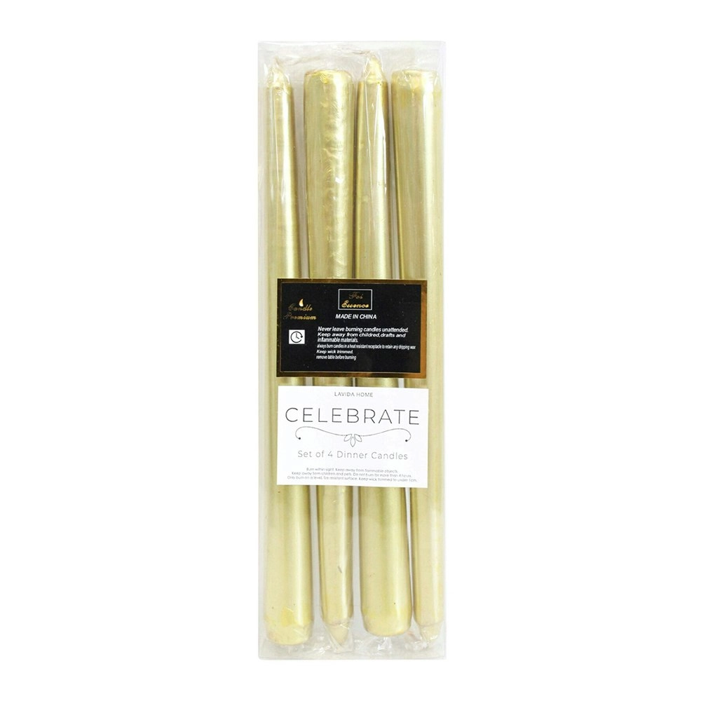 4PK Unscented 25cm Dinner Wax Taper Candle Set Tabletop/Desk Home Decor Gold