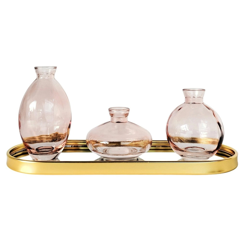 3pc Urban Products Kinkora Home Decor Glass Display Vases with Tray Pink