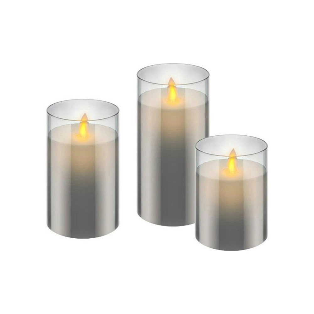 3pc Goobay LED Wax Candles in Glass w/ Pendant Wick & Timer Realistic Flame