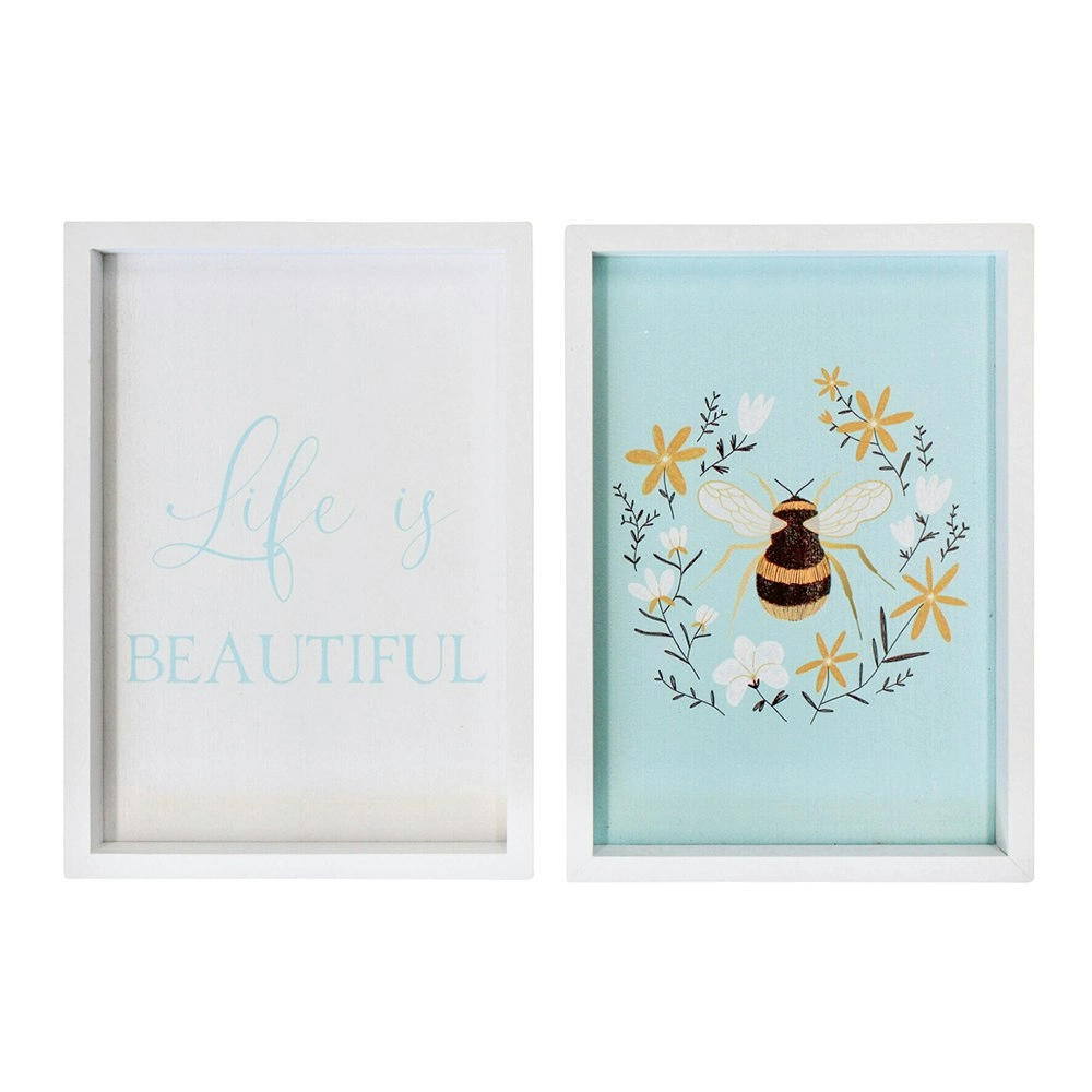 2PK Life Is Beautiful Bee 28cm MDF Sign Wall Hanging Message Set Home Decor