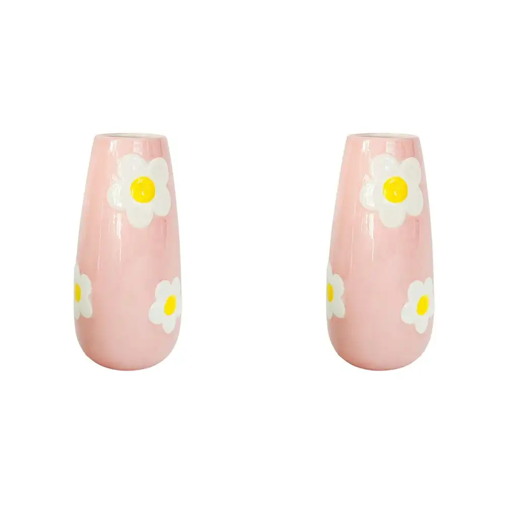 2x Urban Products Alice Daisy Themed Retro Style Home Decor Vase Pink 20cm