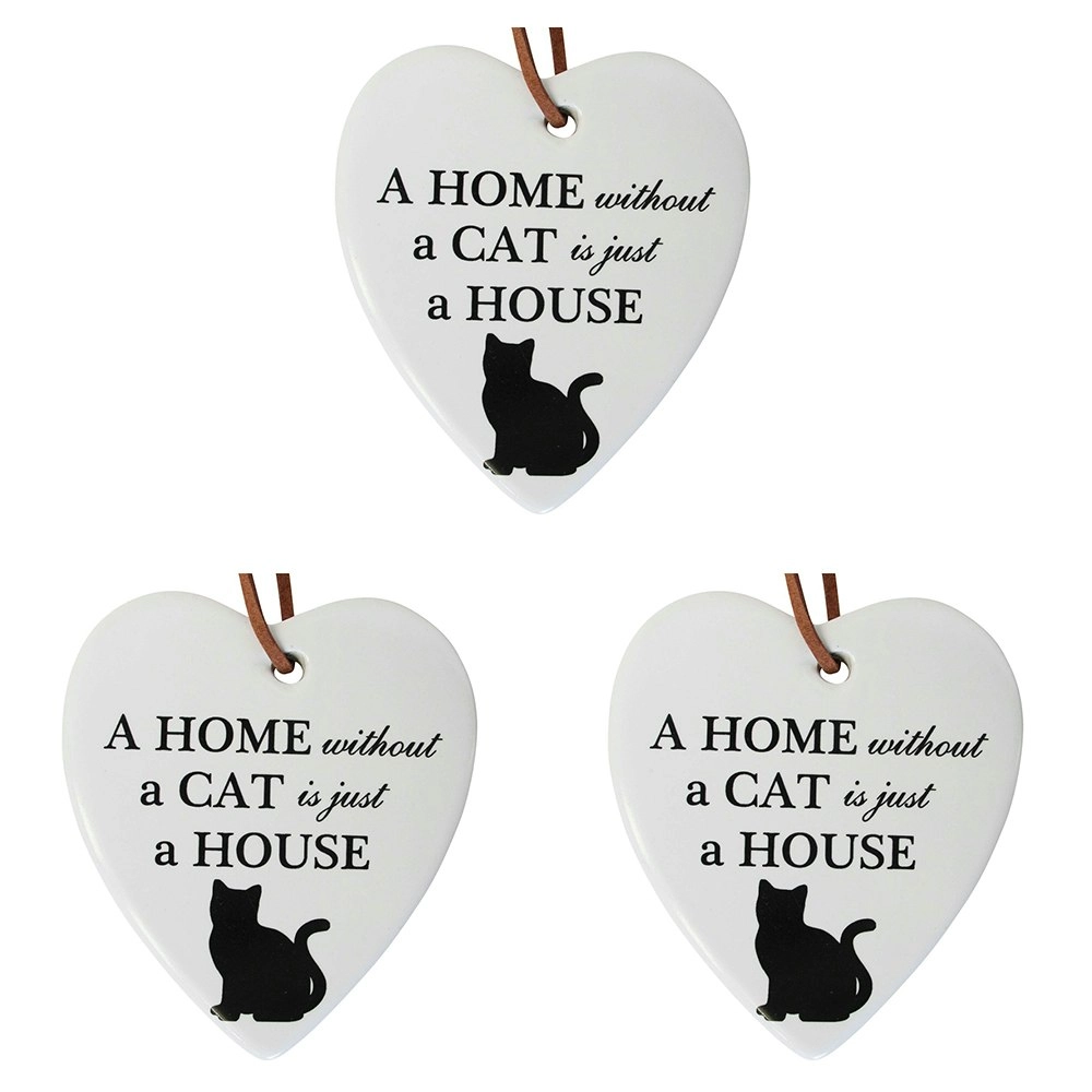 3x Ceramic Hanging 8x9cm Heart Animal Cat Ornament w/ Hanger Home Room Decor