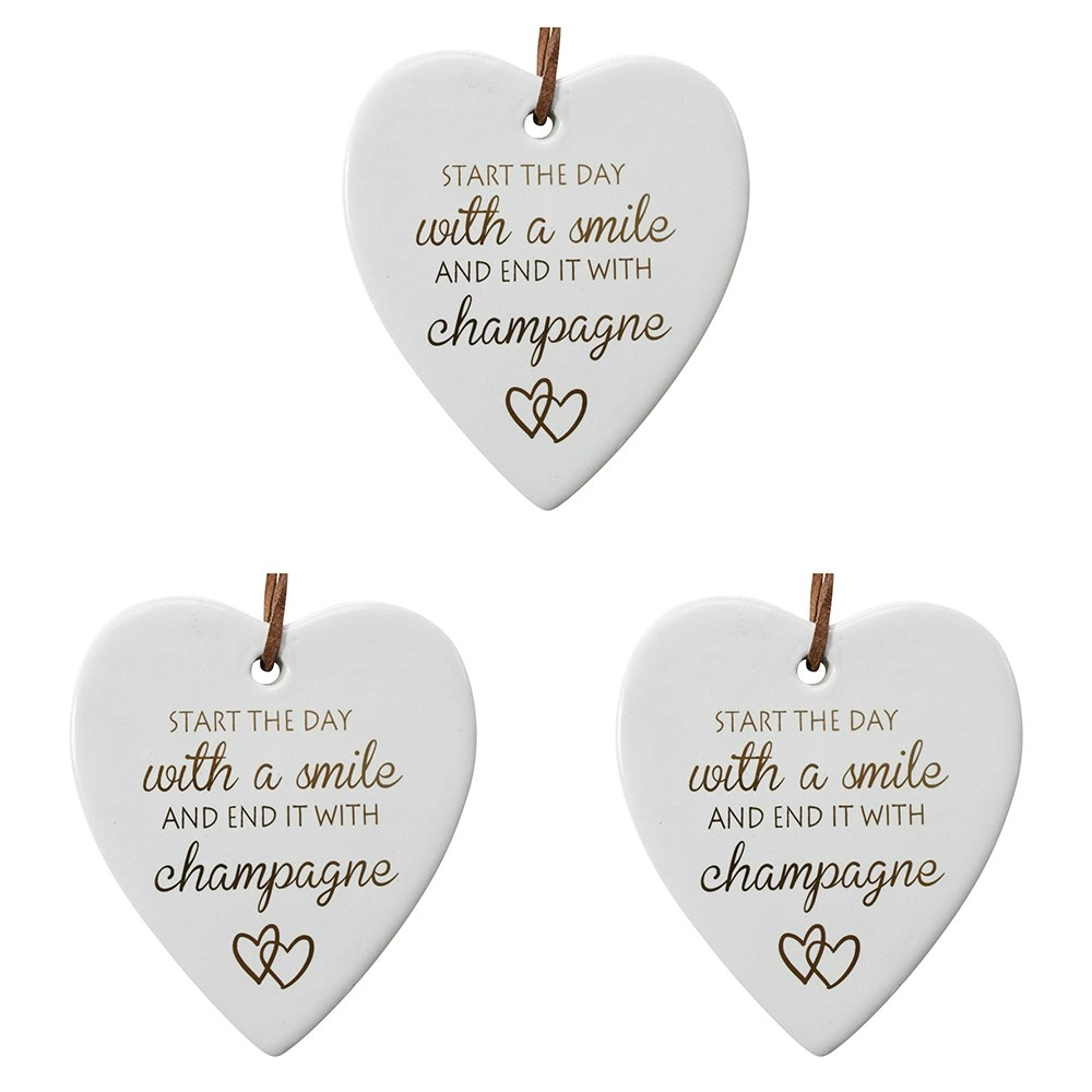 3x Ceramic Hanging 9cm Heart Smile Champagne w/Hanger Ornament Home/Office Decor