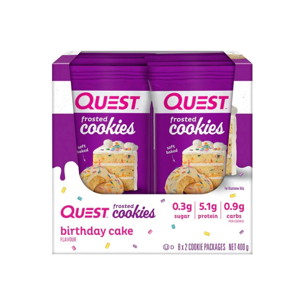 8x 2pc Quest Frosted Cookies/Biscuits Soft Baked Birthday Cake Flavour 50g