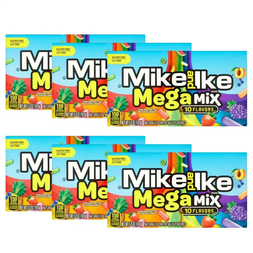 6x Mike & Ike Mega Mix Chewy Fruit Candy Confectionery Lollies Sweets Box 120g