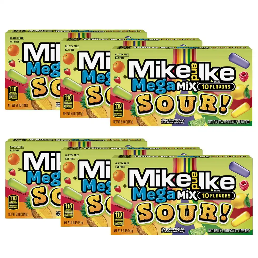 6x Mike & Ike Mega Mix Chewy Sour Candy Confectionery Lollies Sweets Box 120g