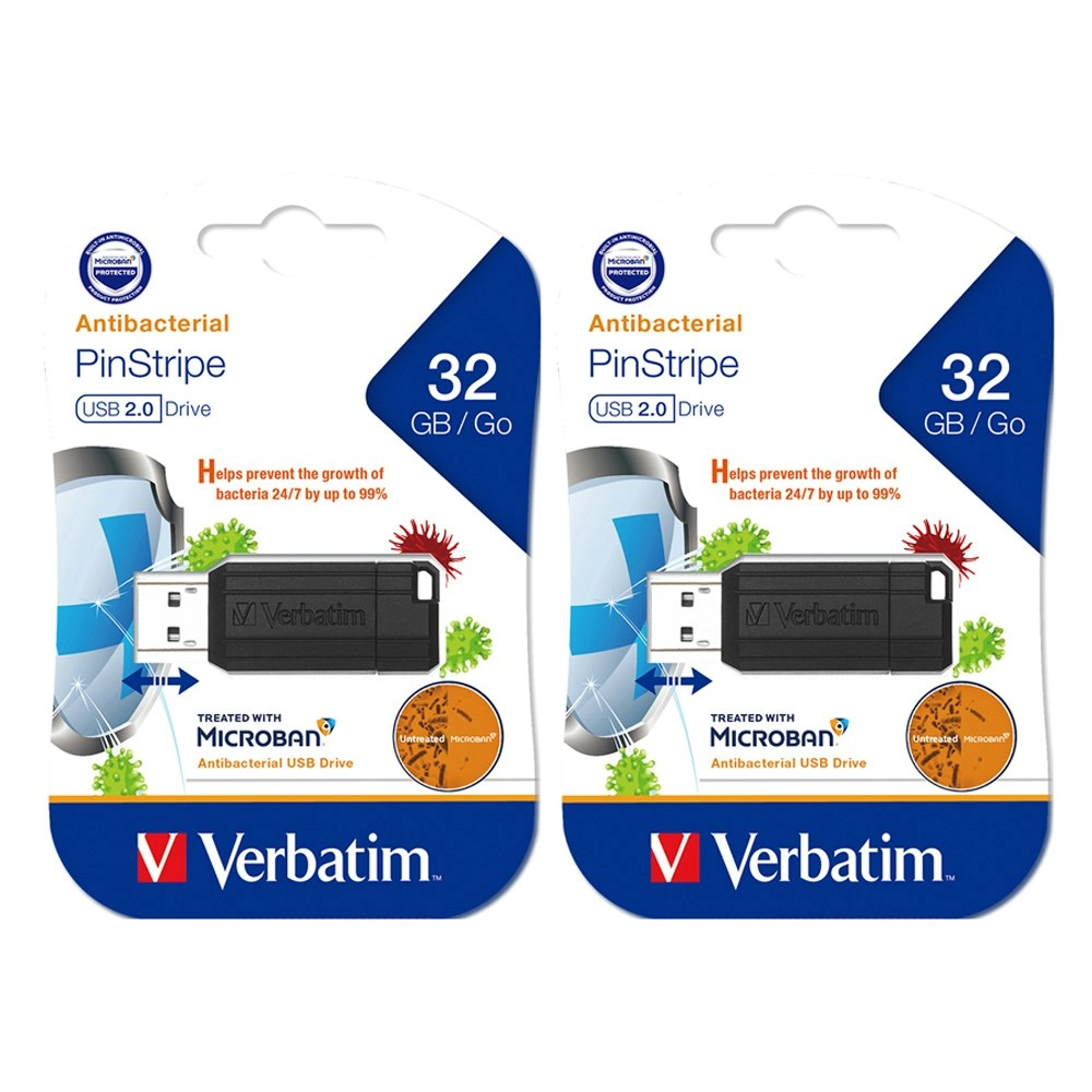 2PK Verbatim Pinstripe Antimicrobial USB 2 Drive Stick 32GB Blk Microban PC/MAC