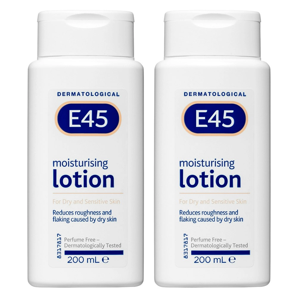 2x E45 Moisturising Lotion 200ml Care f/ Dry/Sensitive Skin Body/Face/Hands