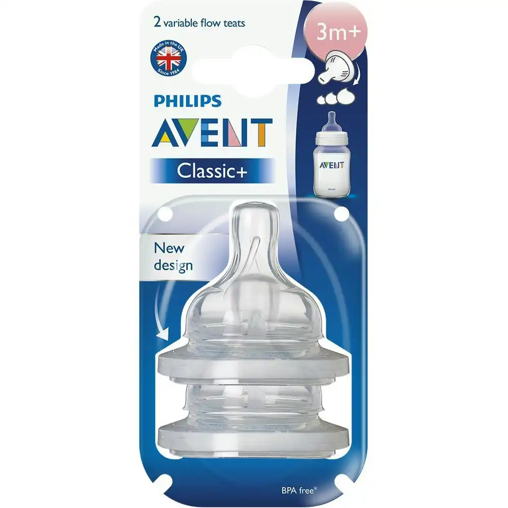 2pc Philips Avent Classic+ Variable Flow Teat/Baby Bottle Nipple Clear 3m+