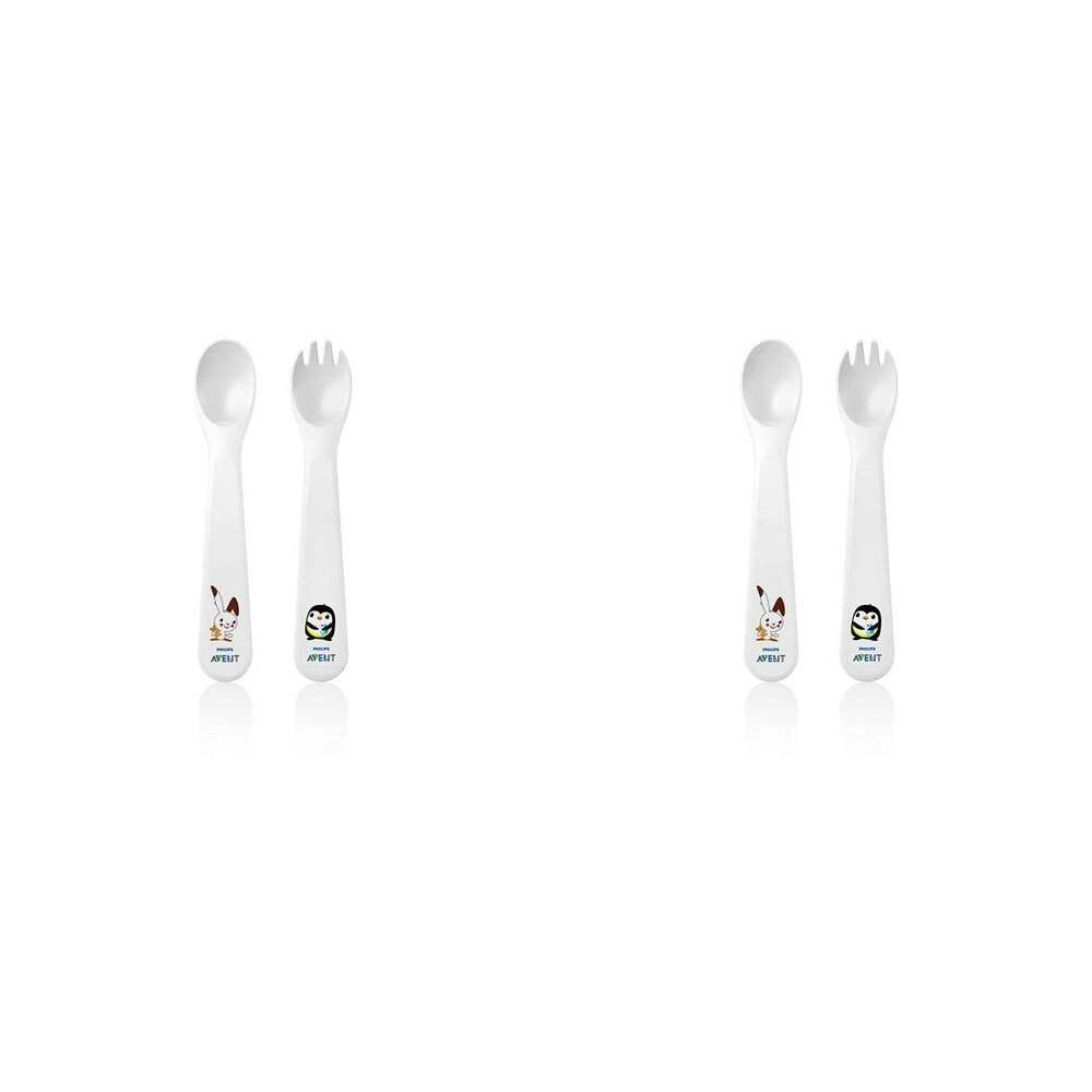 2x Philips Avent Toddler Fork & Spoon Plastic Cutlery/Feeding Utensil Set 12m+